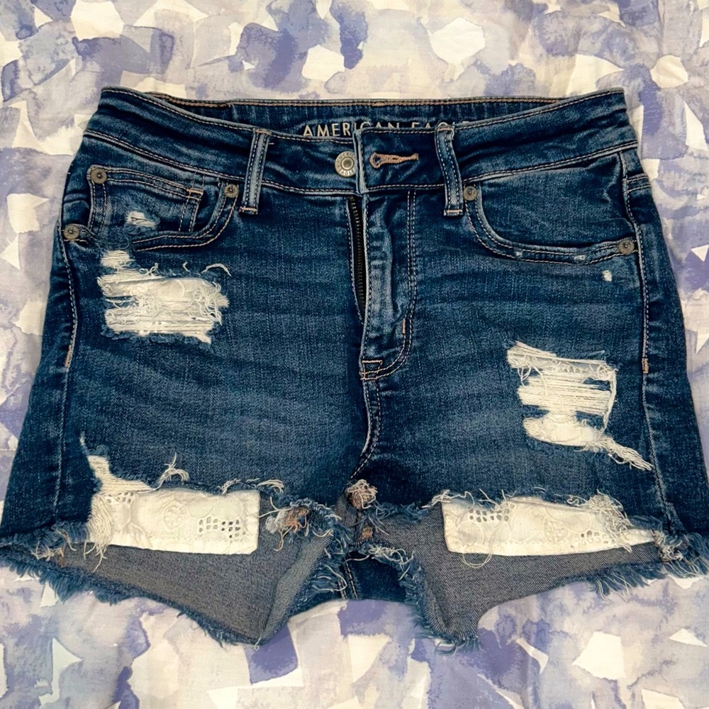 American Eagle Blue Denim Ripped Shorts Women Size 2